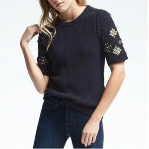 Banana Republic Navy Blue Knit Beaded Sequin Cotton Blend Sweater Size Medium